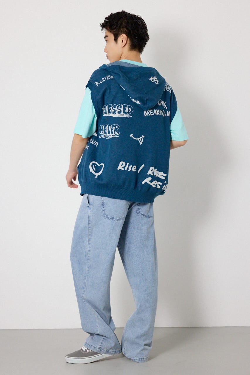 ノースリーブラクガキニットZIPパーカー D/BLU FREE