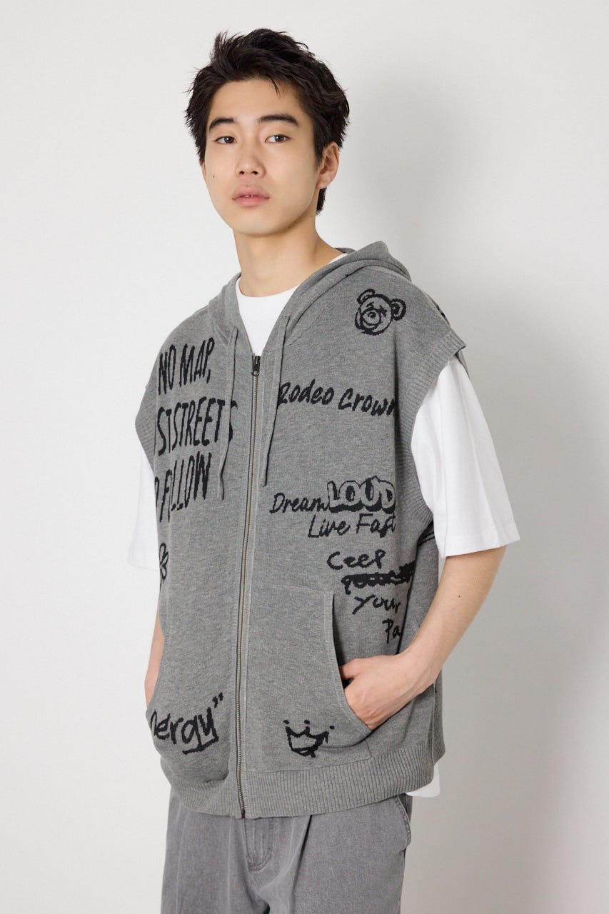 ノースリーブラクガキニットZIPパーカー T.GRY FREE