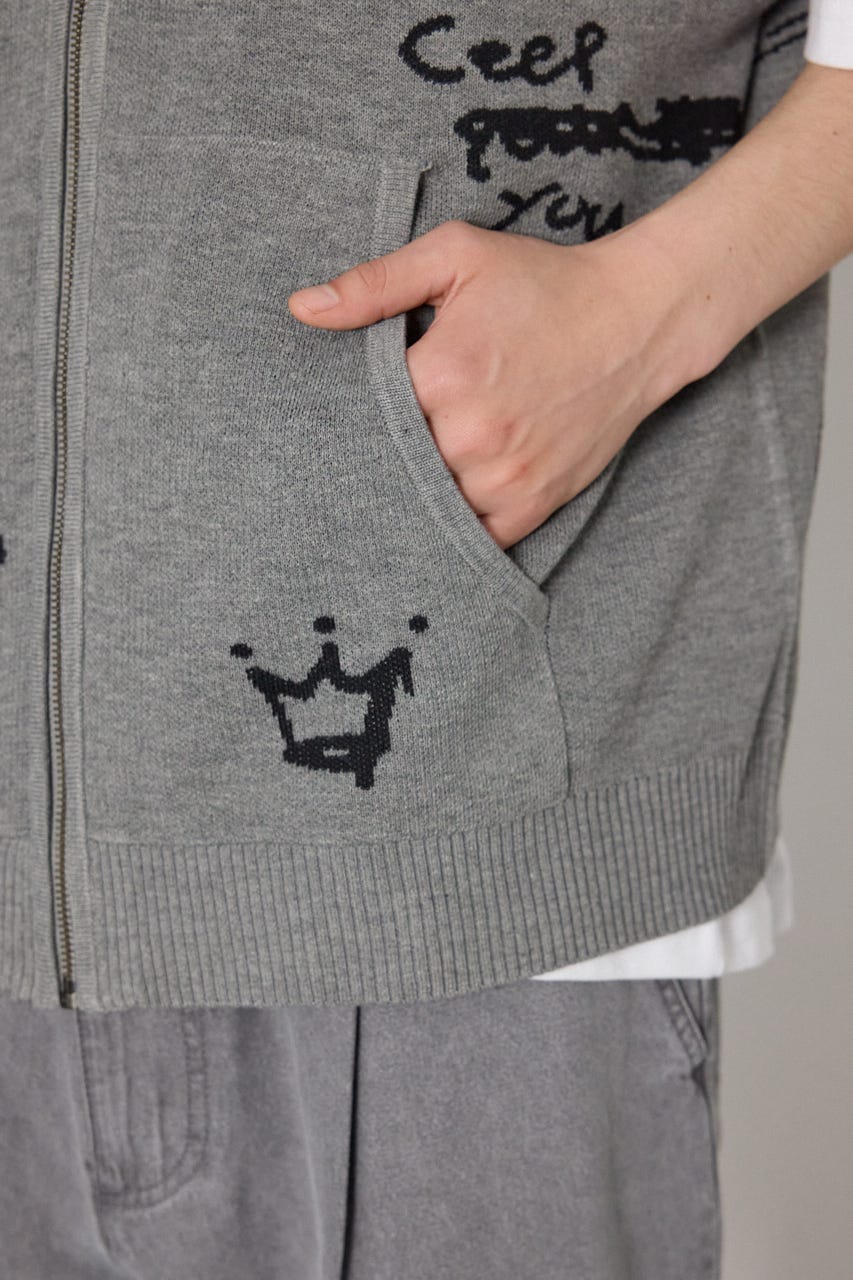 ノースリーブラクガキニットZIPパーカー T.GRY FREE