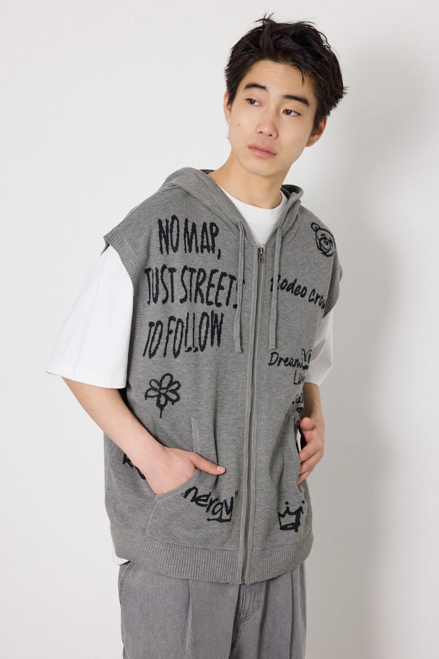 ノースリーブラクガキニットZIPパーカー T.GRY FREE
