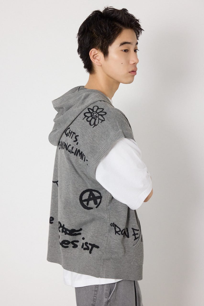 ノースリーブラクガキニットZIPパーカー T.GRY FREE
