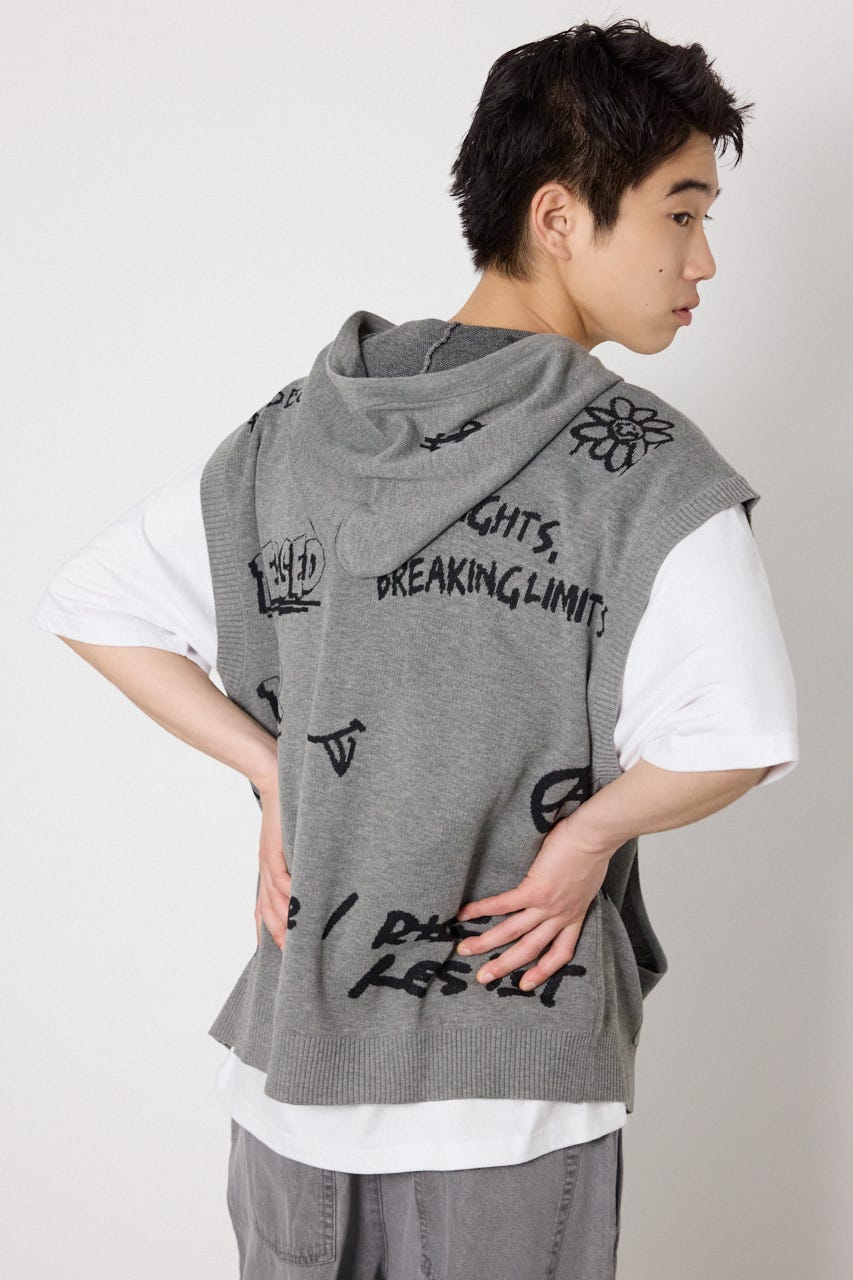 ノースリーブラクガキニットZIPパーカー T.GRY FREE
