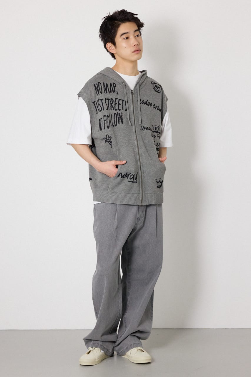 ノースリーブラクガキニットZIPパーカー T.GRY FREE