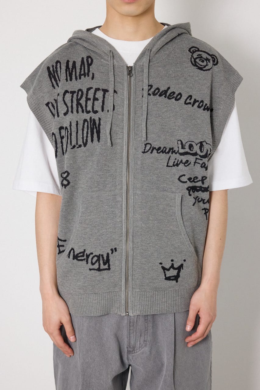 ノースリーブラクガキニットZIPパーカー T.GRY FREE