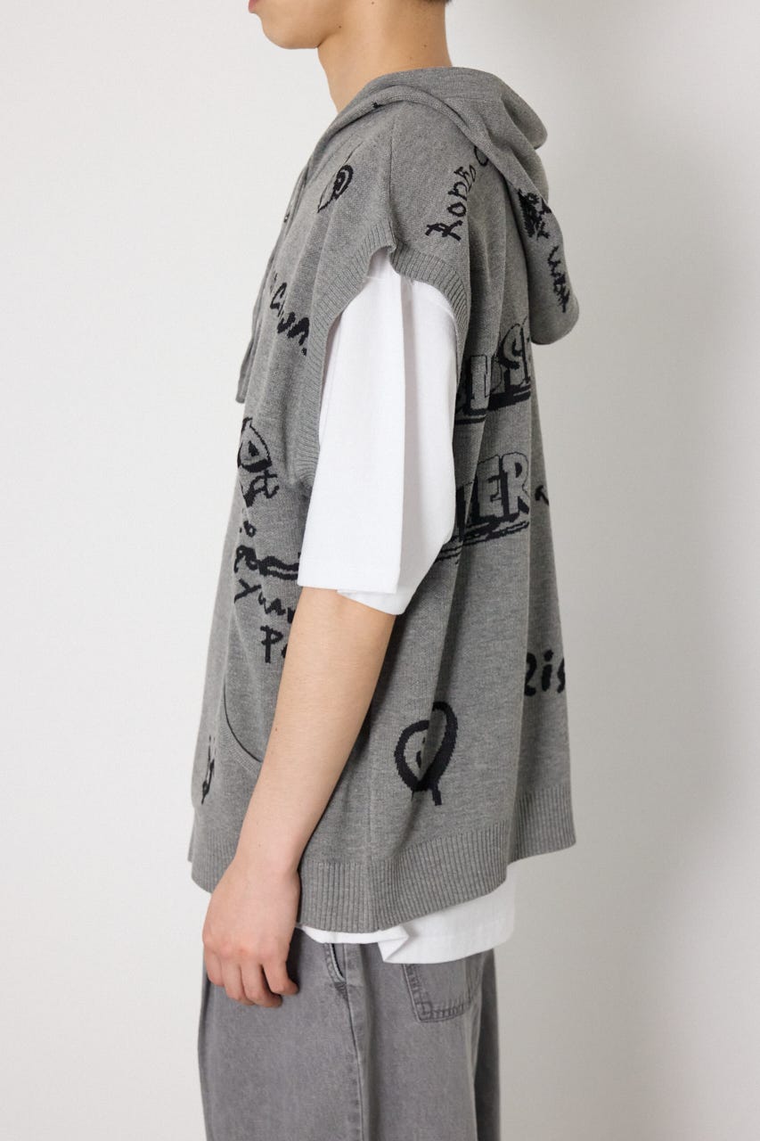 ノースリーブラクガキニットZIPパーカー T.GRY FREE