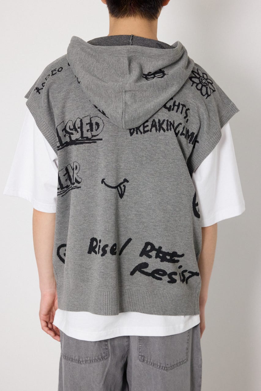 ノースリーブラクガキニットZIPパーカー T.GRY FREE
