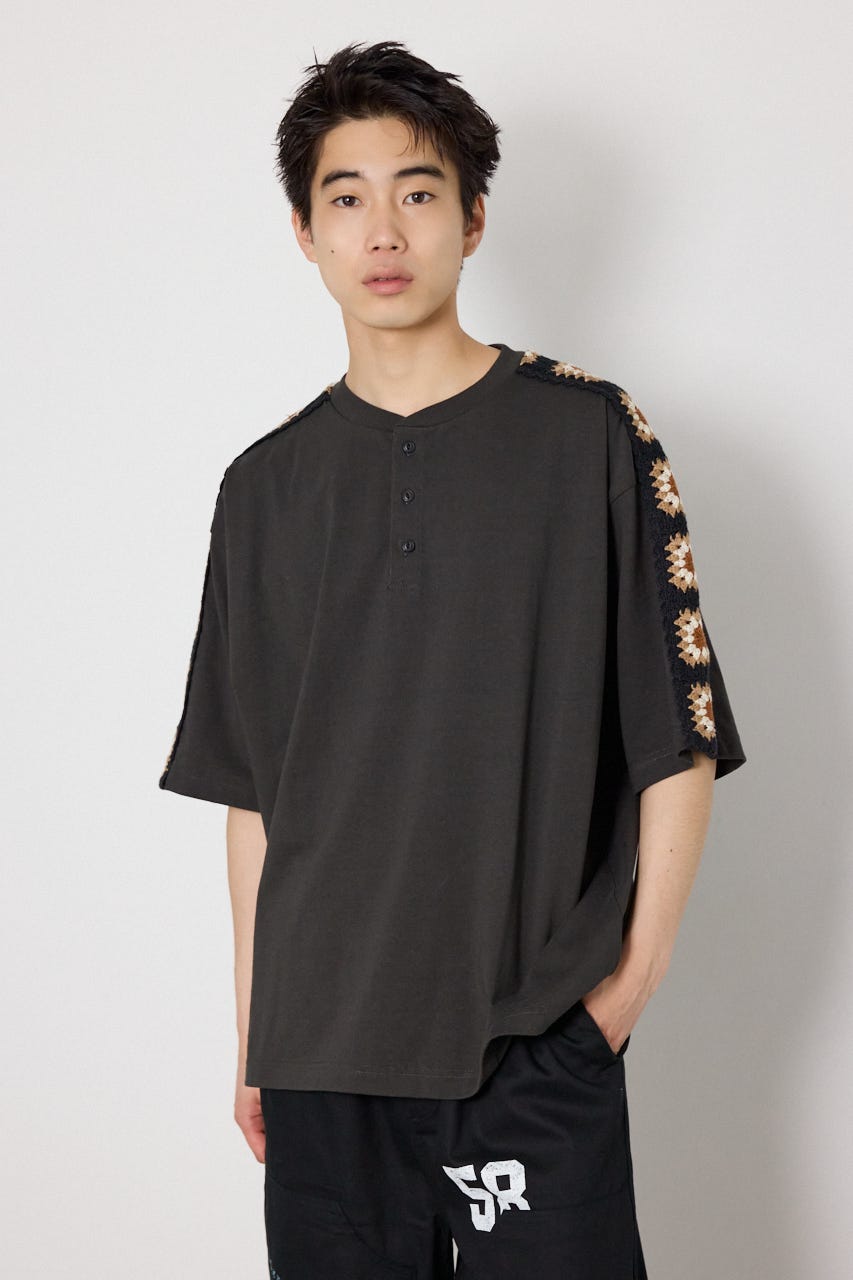 クロシェラインヘンリーTシャツ BLK L