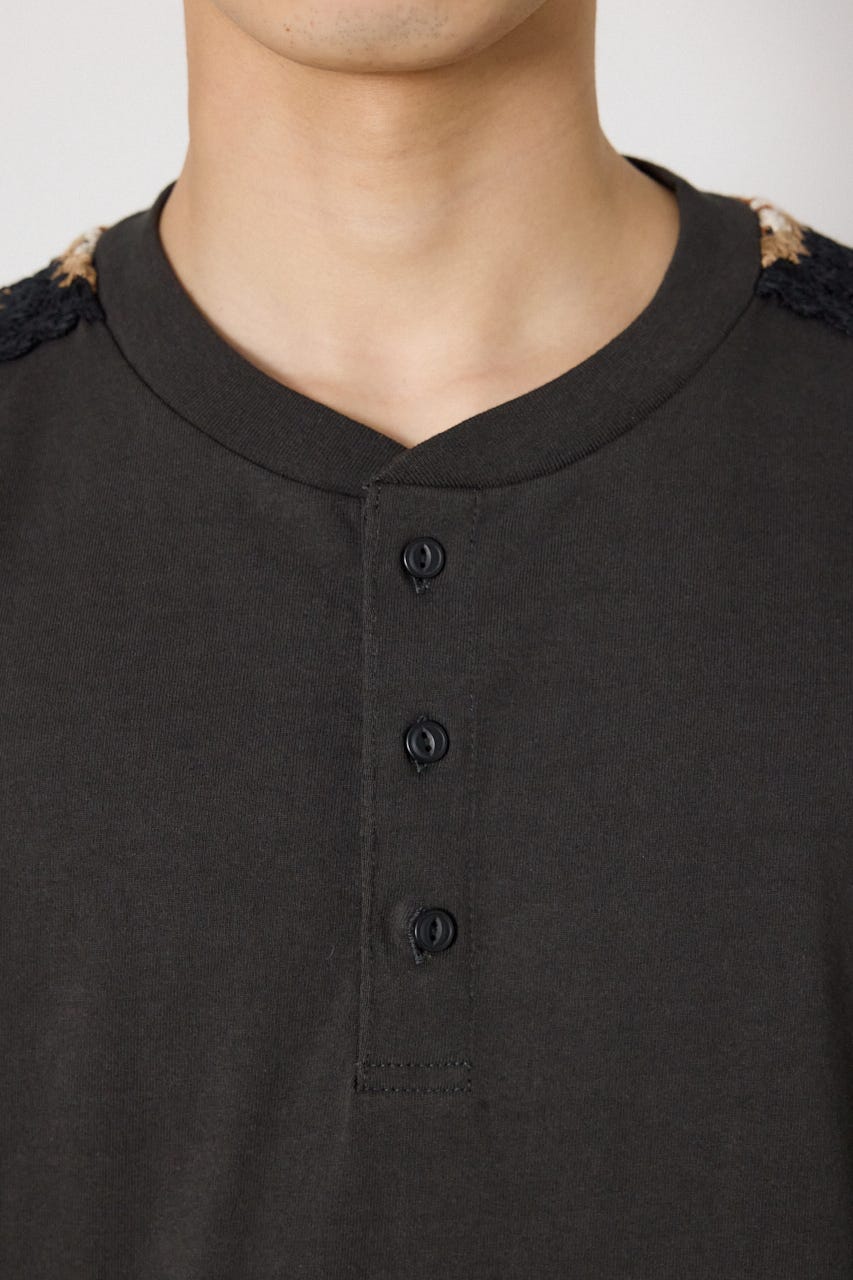 クロシェラインヘンリーTシャツ BLK L