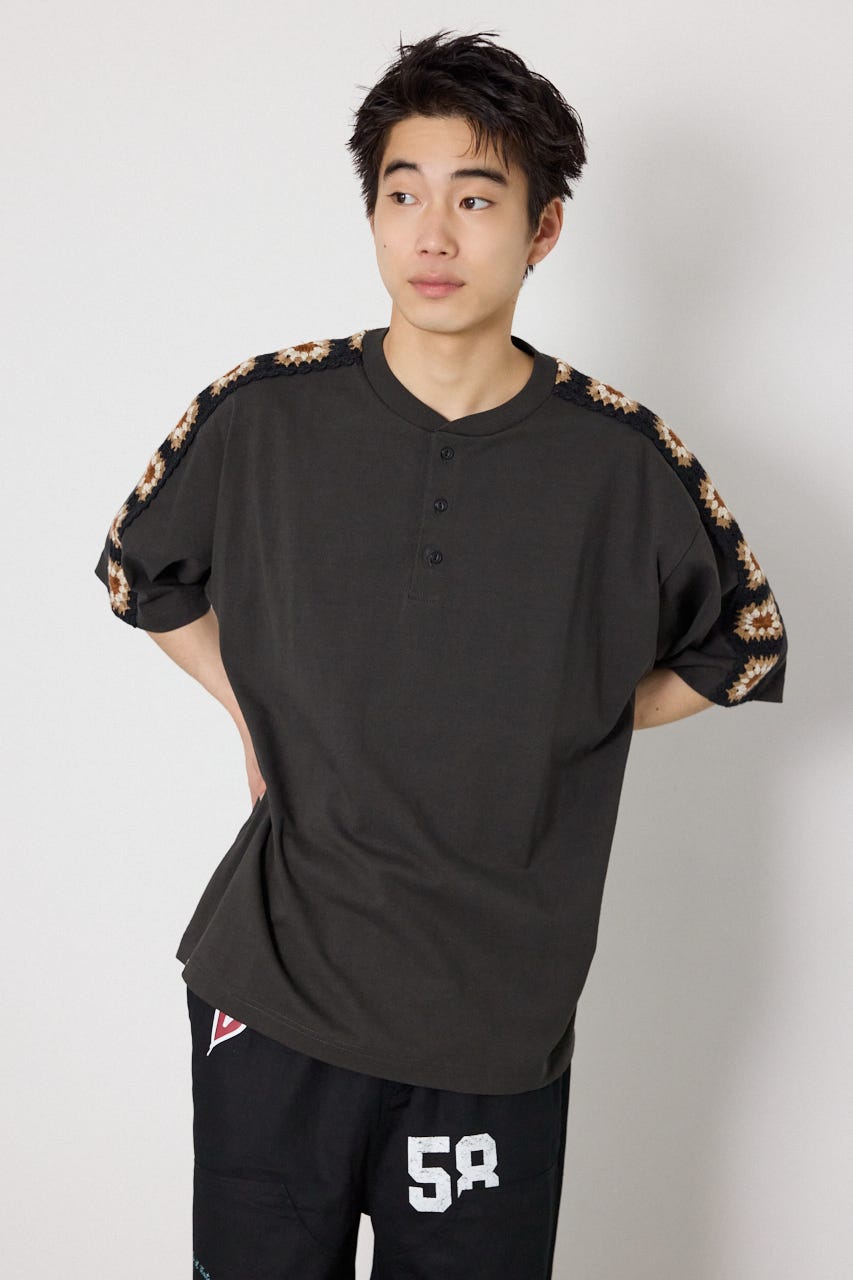 クロシェラインヘンリーTシャツ BLK L