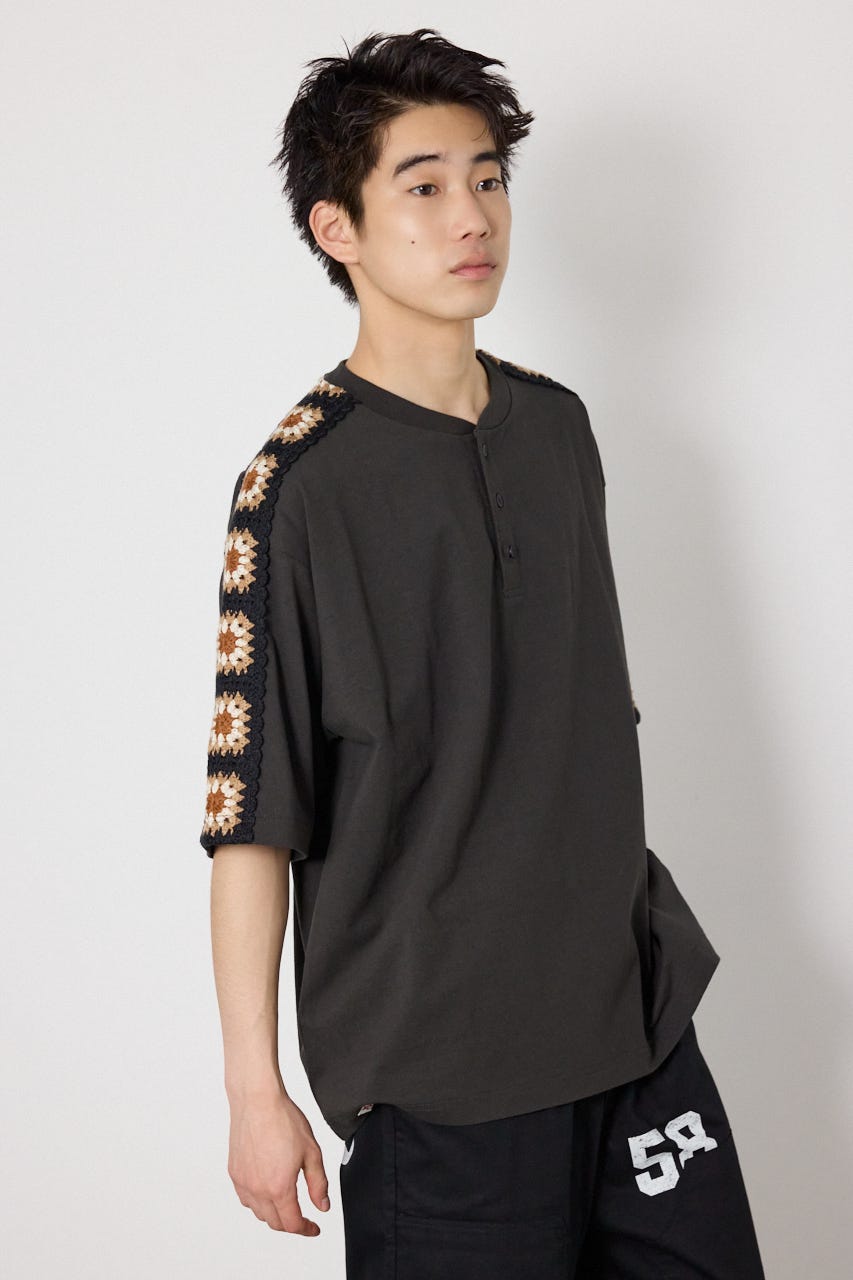 クロシェラインヘンリーTシャツ BLK L