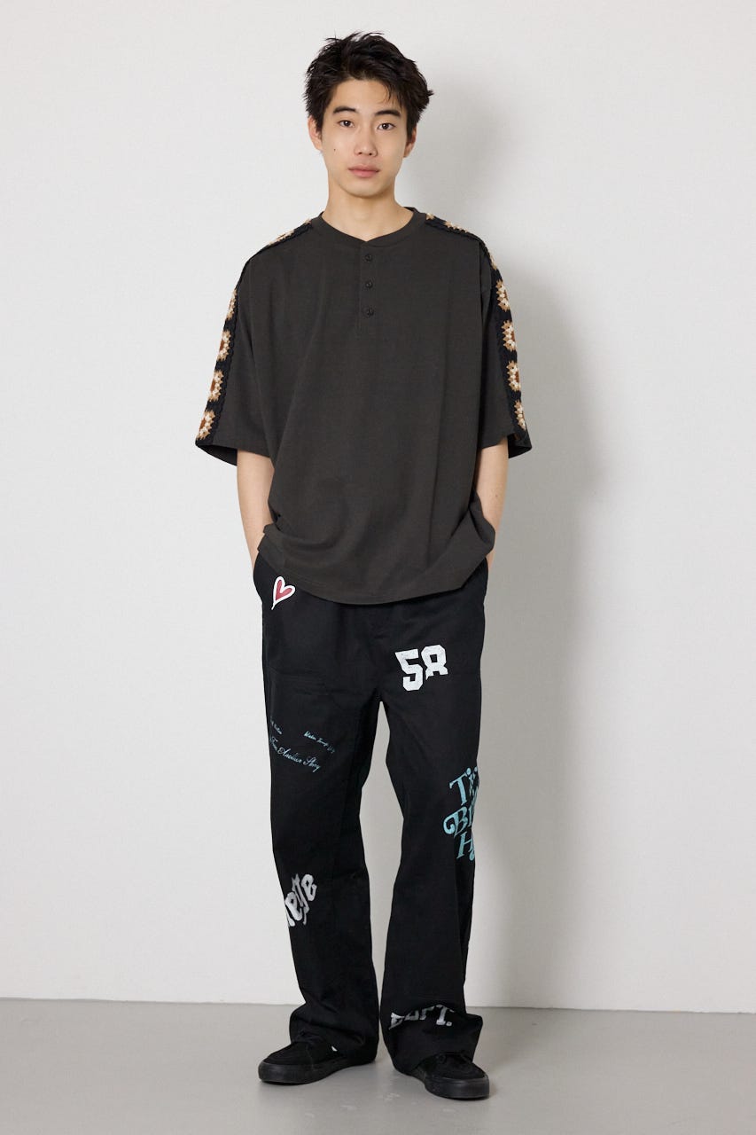 クロシェラインヘンリーTシャツ BLK L