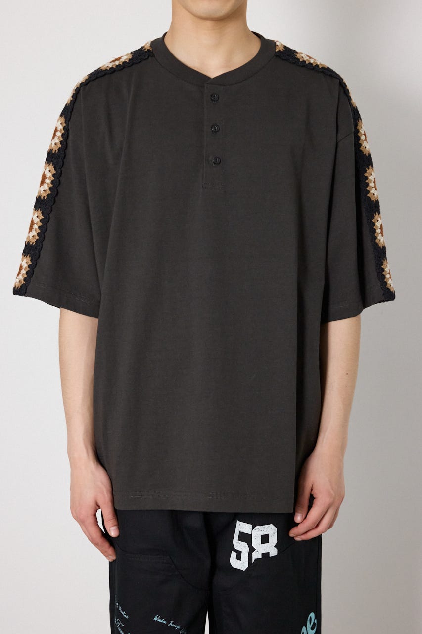 クロシェラインヘンリーTシャツ BLK L