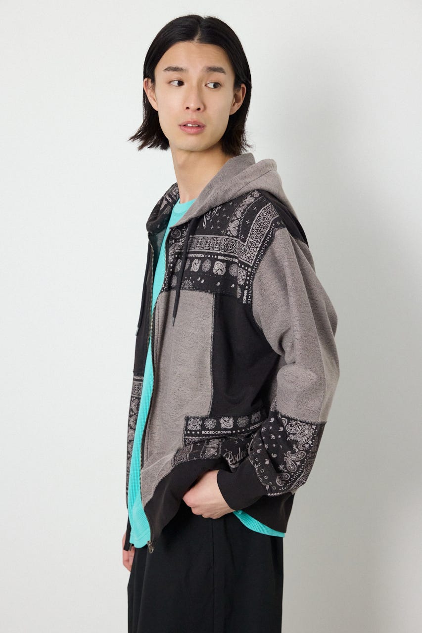 パッチワークZIPパーカー BLK M