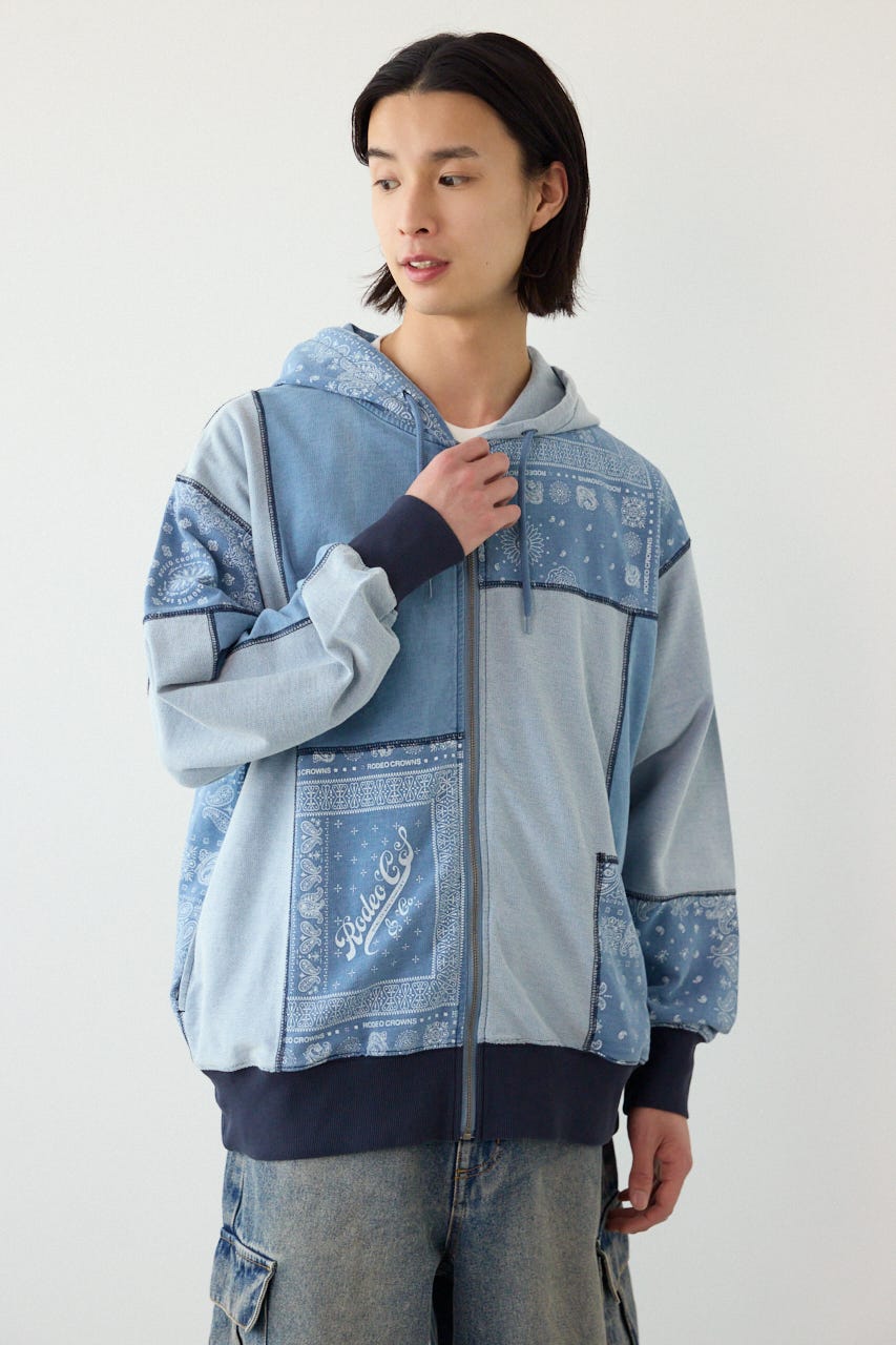 パッチワークZIPパーカー BLU L