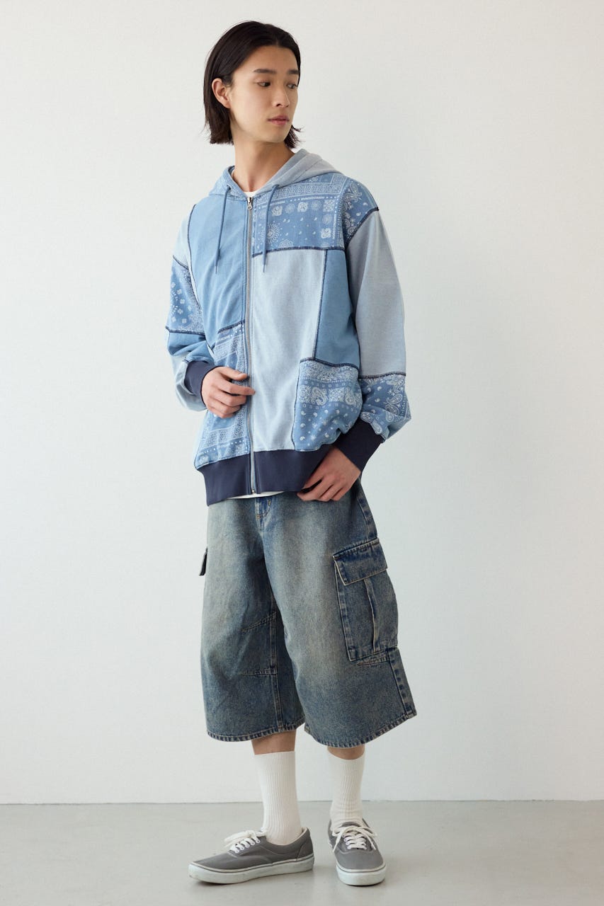 パッチワークZIPパーカー BLU L