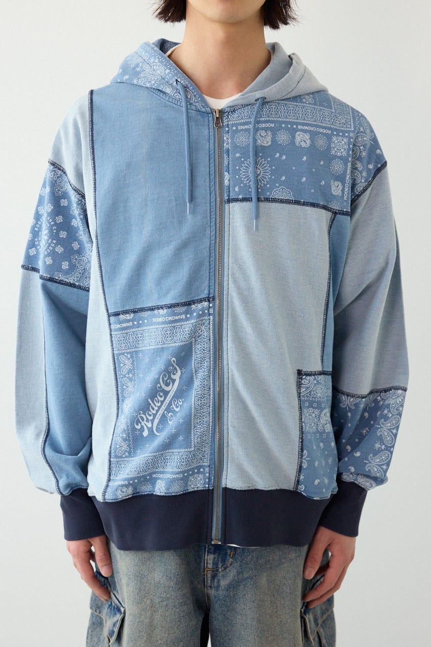 パッチワークZIPパーカー BLU L