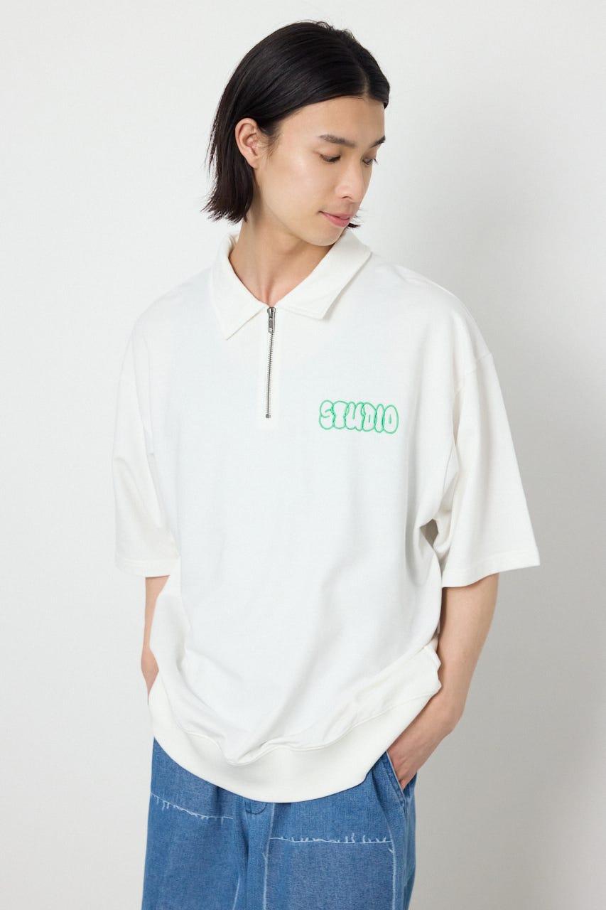 ライトスウェットZIPポロシャツ O/WHT M