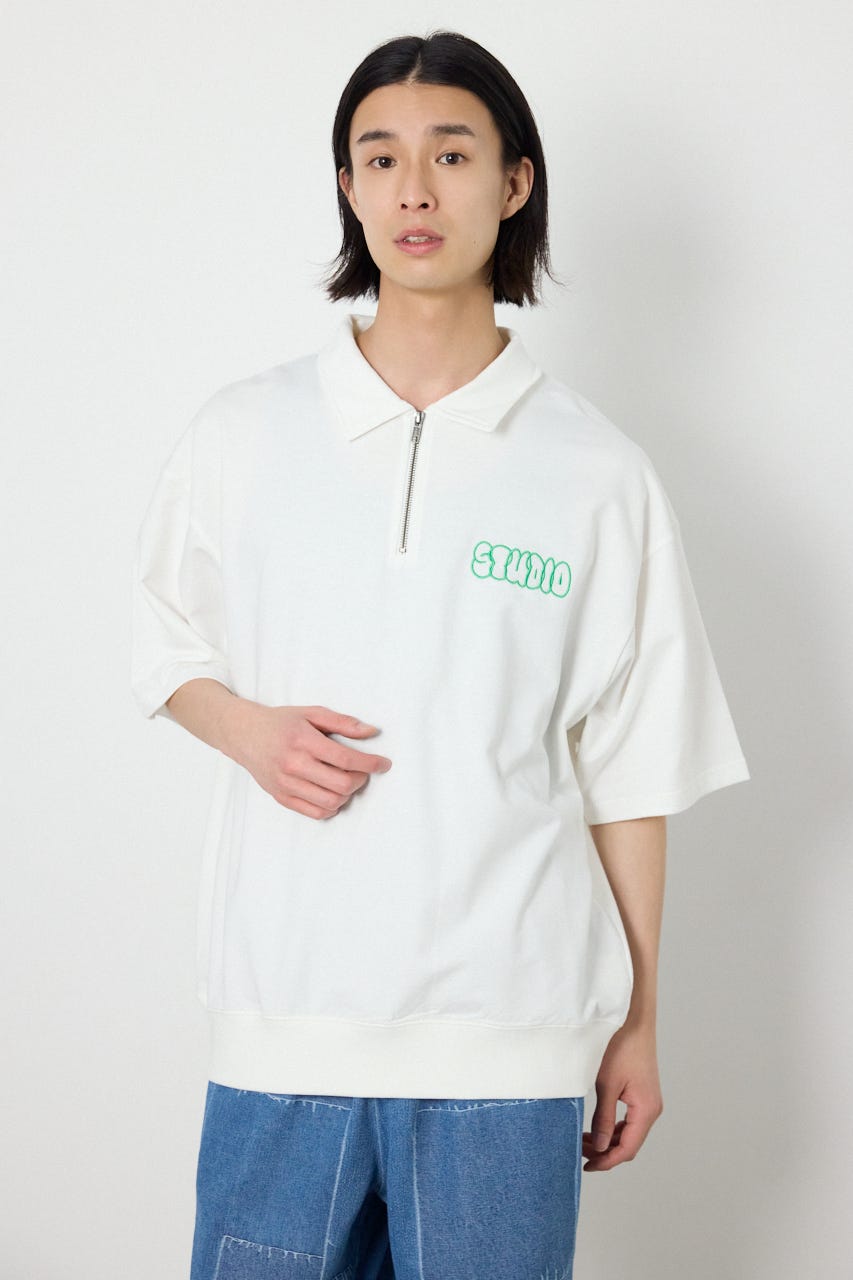 ライトスウェットZIPポロシャツ O/WHT M