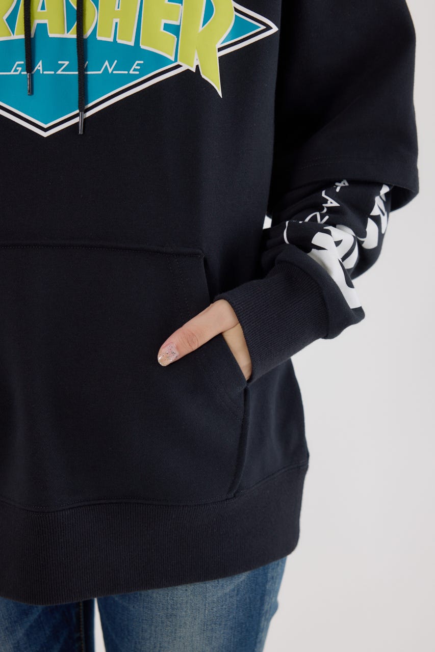 【UNISEX】(THRASHER) レイヤードスウェットパーカー BLK L