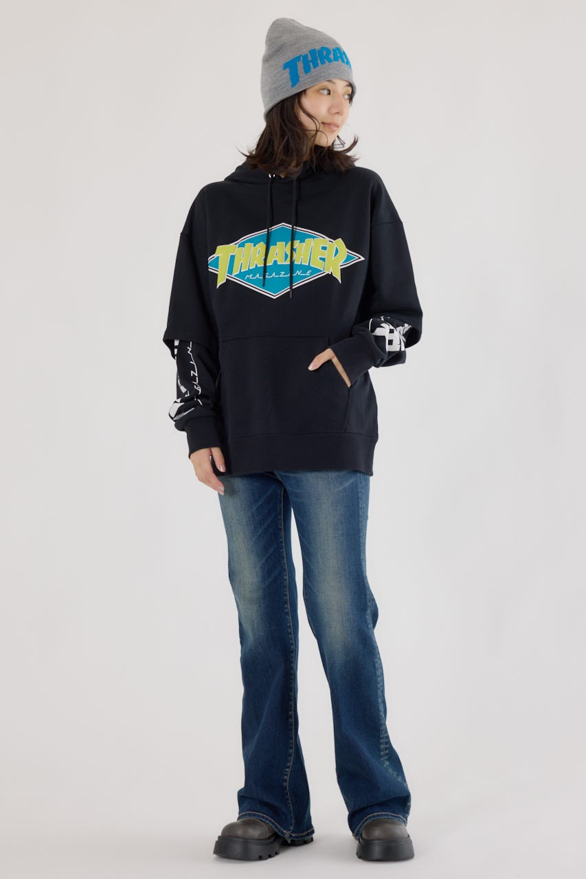 【UNISEX】(THRASHER) レイヤードスウェットパーカー BLK L