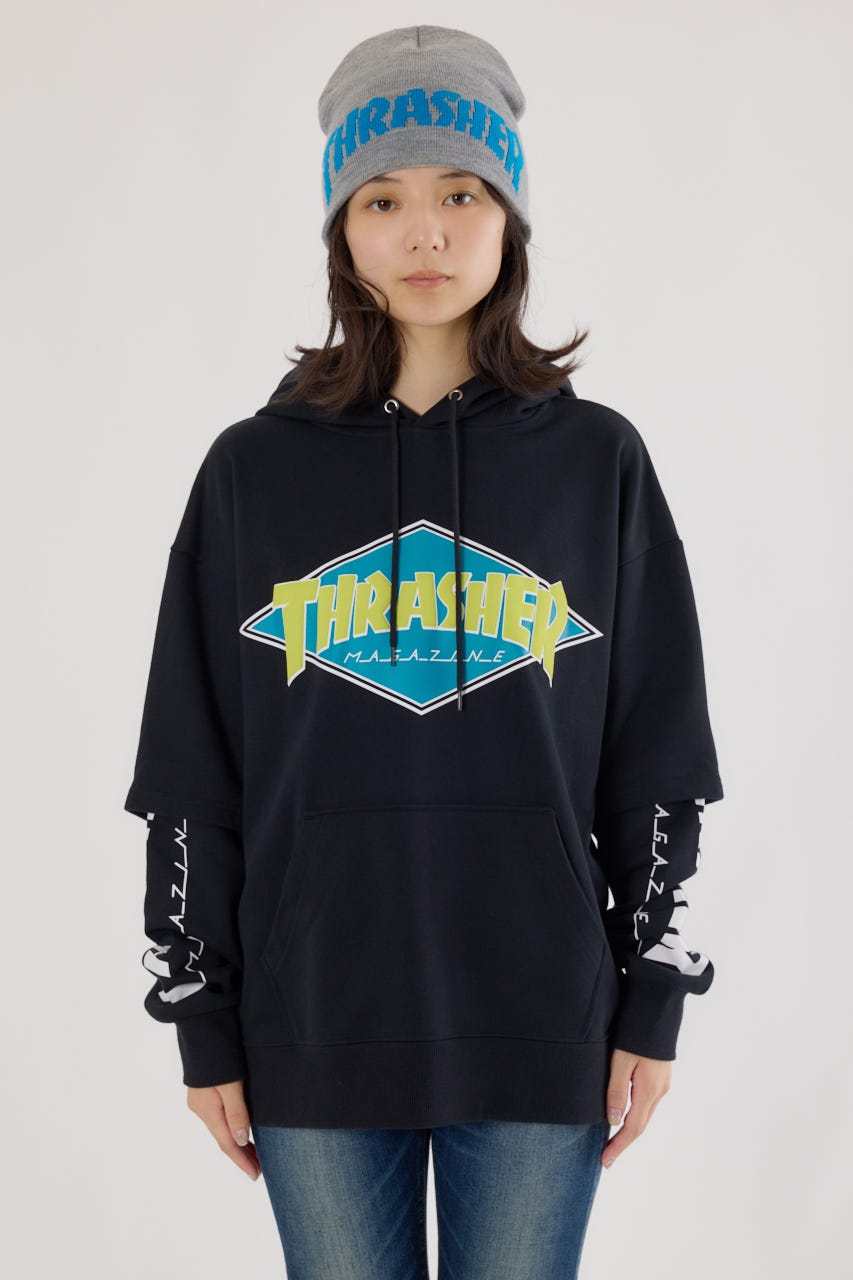 【UNISEX】(THRASHER) レイヤードスウェットパーカー BLK L