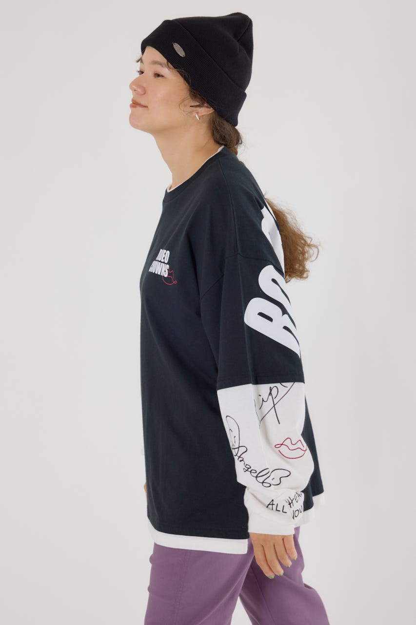 【UNISEX】オーバーロゴレイヤードロングスリーブTシャツ BLK L