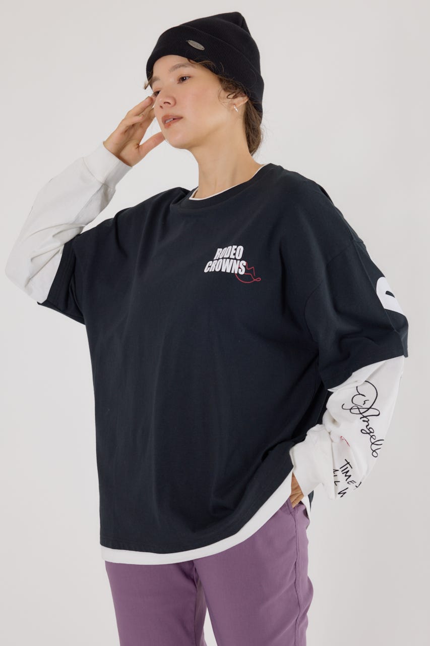 【UNISEX】オーバーロゴレイヤードロングスリーブTシャツ BLK L