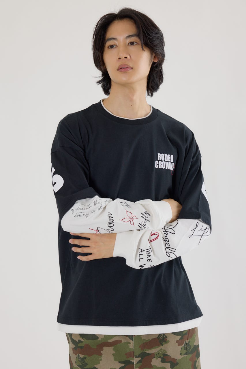 【UNISEX】オーバーロゴレイヤードロングスリーブTシャツ BLK L