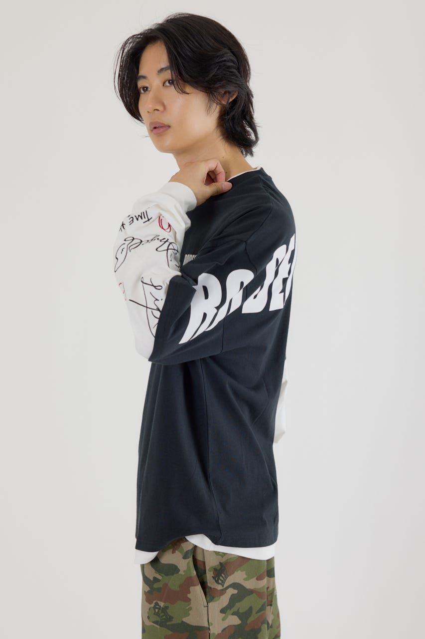 【UNISEX】オーバーロゴレイヤードロングスリーブTシャツ BLK L