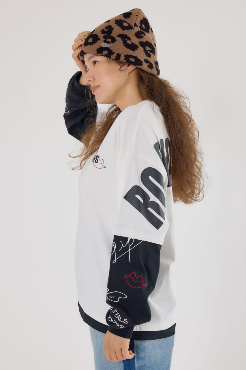【UNISEX】オーバーロゴレイヤードロングスリーブTシャツ O/WHT L