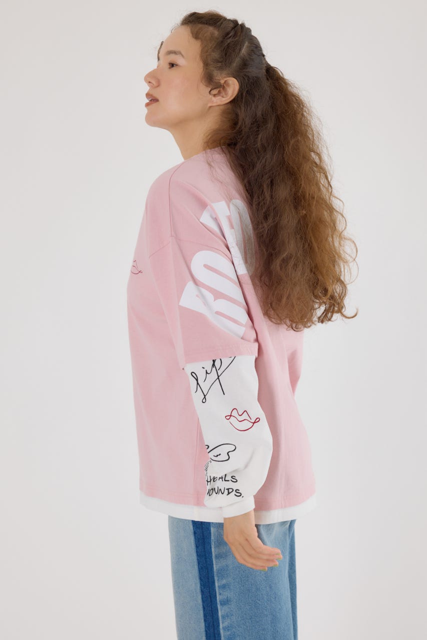 【UNISEX】オーバーロゴレイヤードロングスリーブTシャツ PNK M