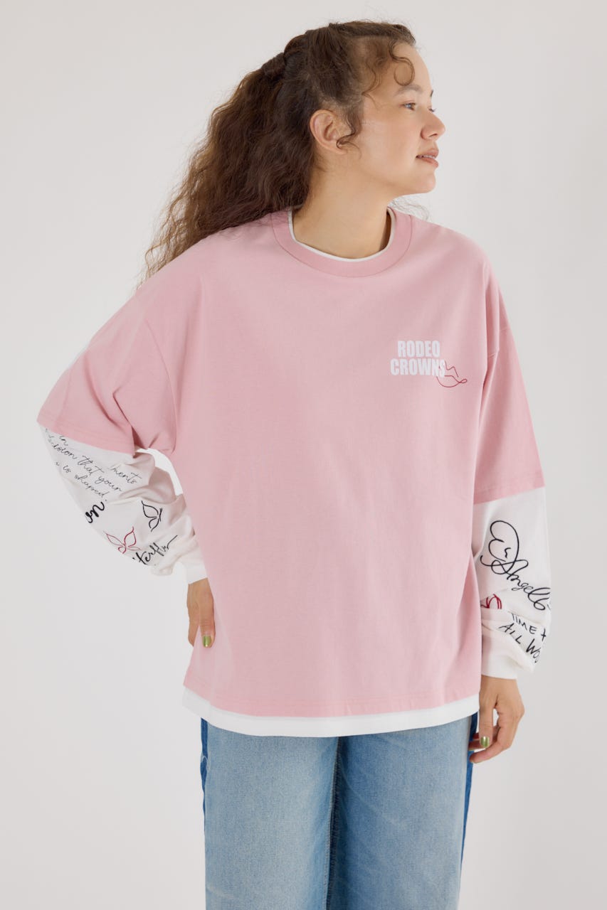 【UNISEX】オーバーロゴレイヤードロングスリーブTシャツ PNK M