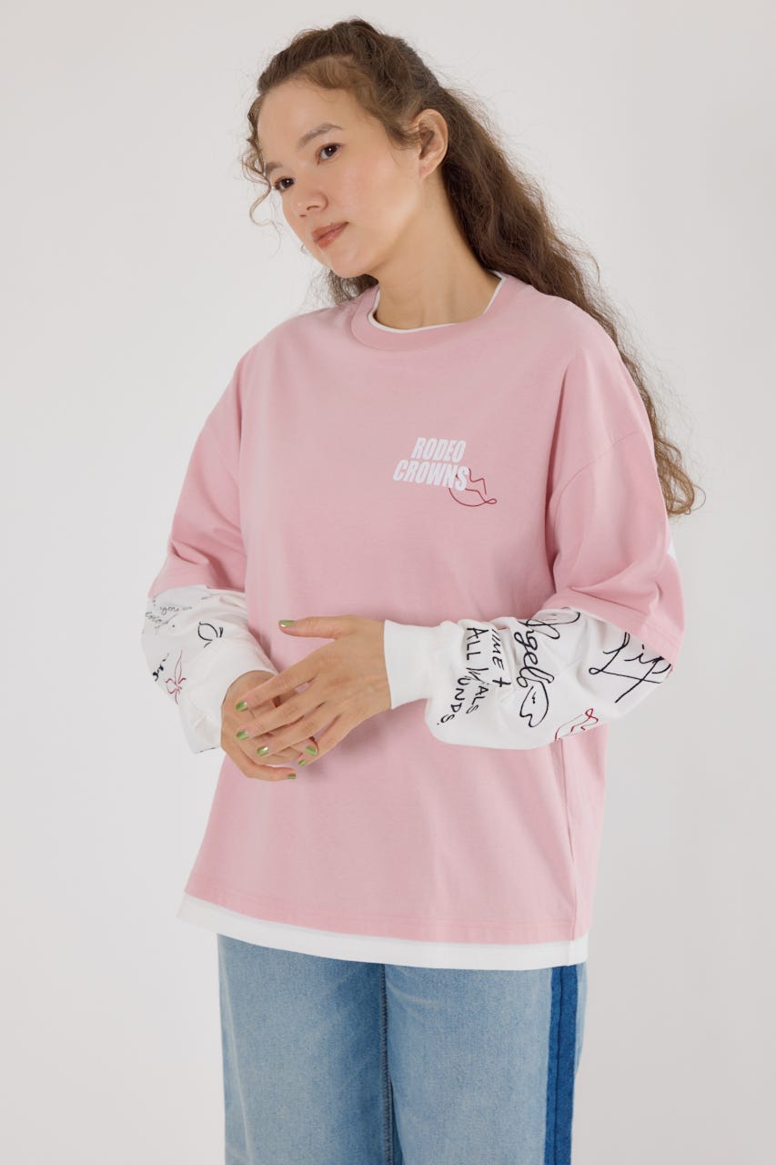【UNISEX】オーバーロゴレイヤードロングスリーブTシャツ PNK M