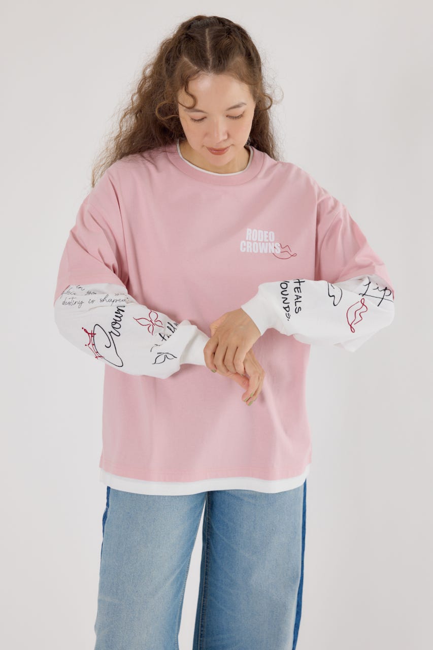 【UNISEX】オーバーロゴレイヤードロングスリーブTシャツ PNK M