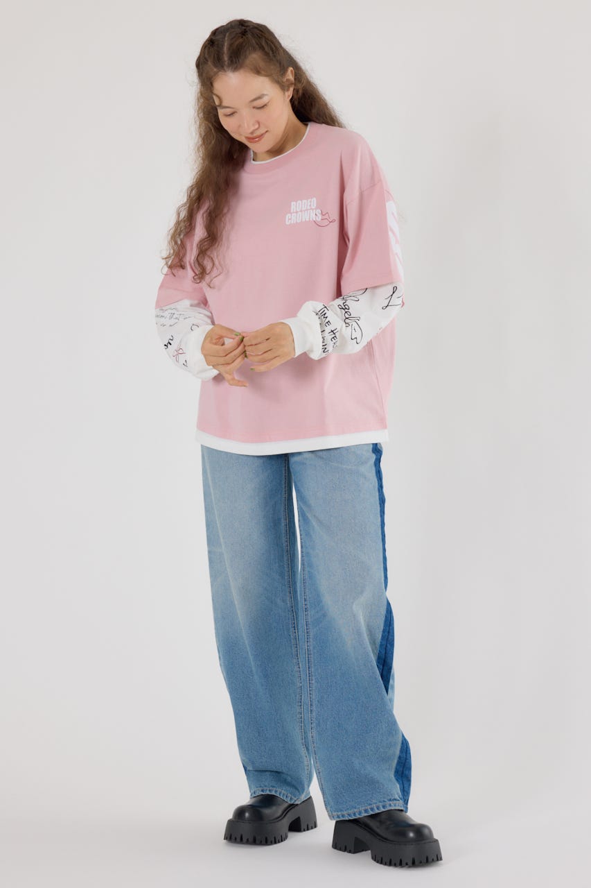 【UNISEX】オーバーロゴレイヤードロングスリーブTシャツ PNK M