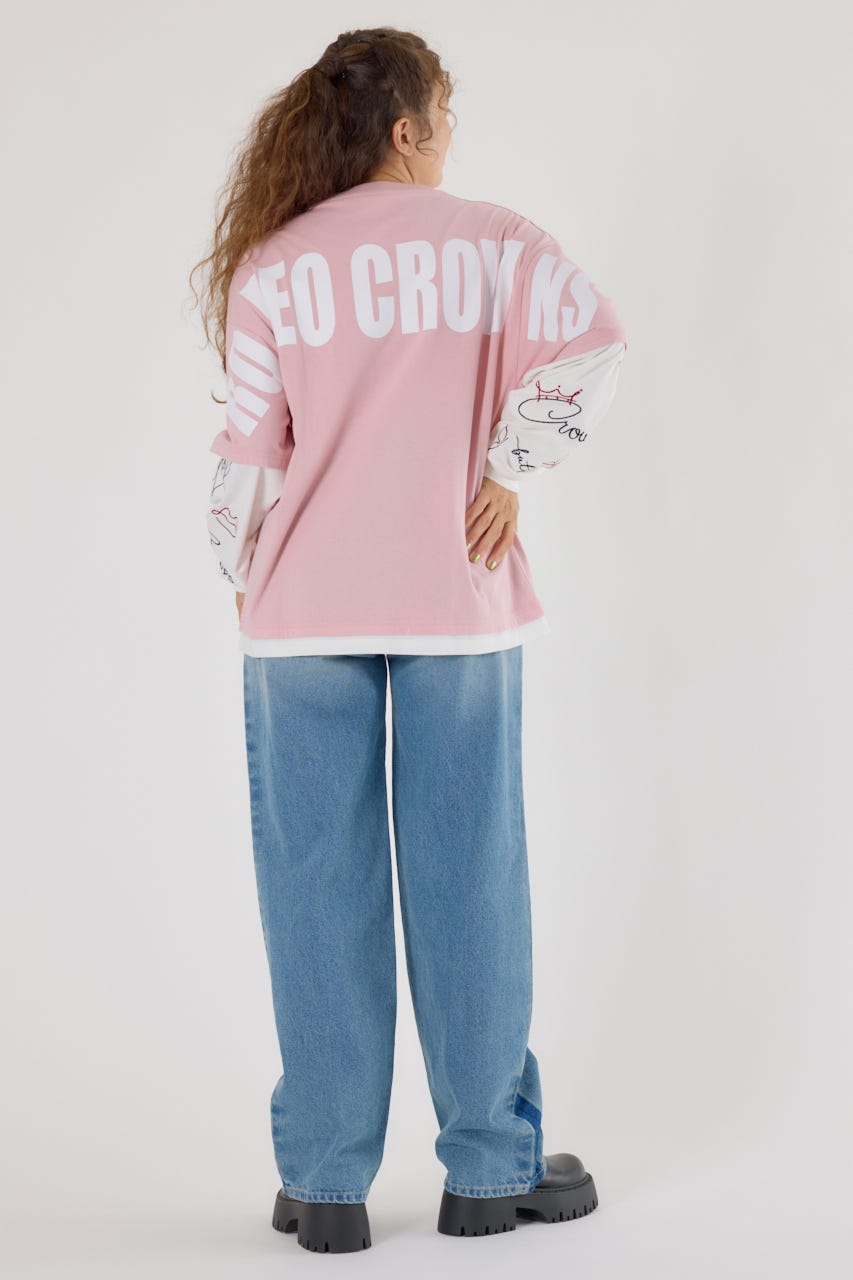 【UNISEX】オーバーロゴレイヤードロングスリーブTシャツ PNK M