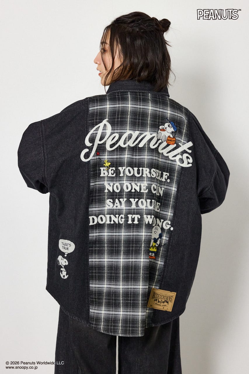 【UNISEX】(PEANUTS)チェック×デニムドッキングシャツ 柄BLK FREE