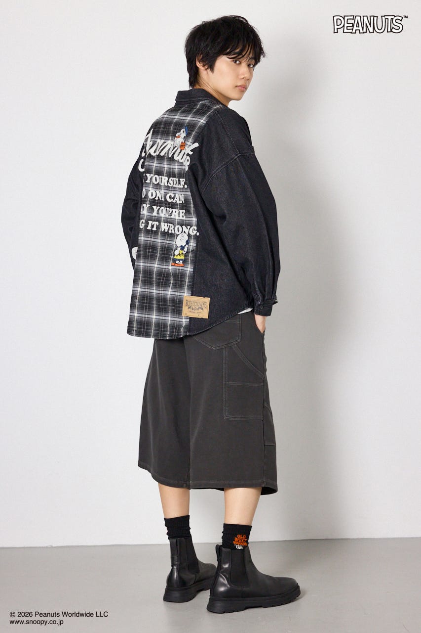【UNISEX】(PEANUTS)チェック×デニムドッキングシャツ 柄BLK FREE