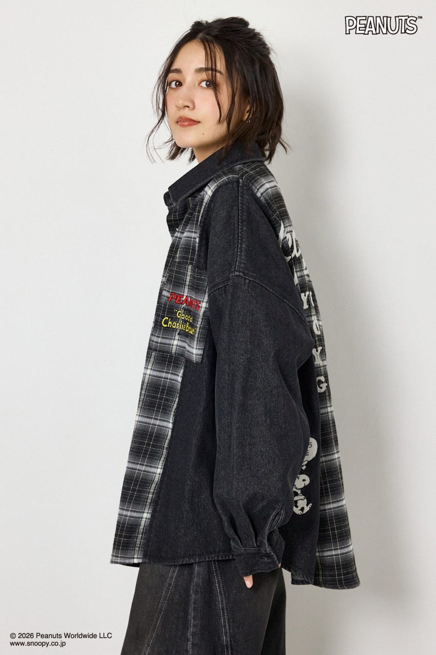 【UNISEX】(PEANUTS)チェック×デニムドッキングシャツ 柄BLK FREE