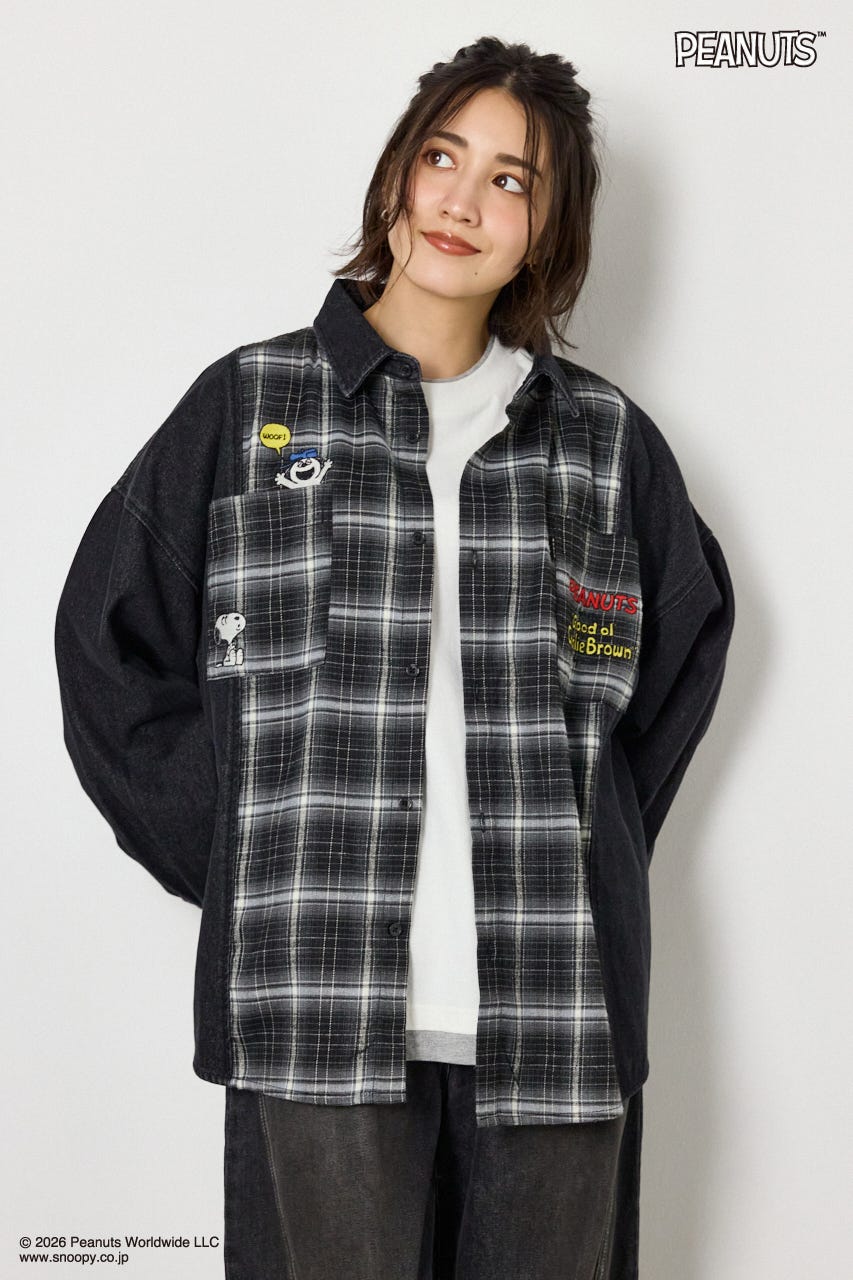 【UNISEX】(PEANUTS)チェック×デニムドッキングシャツ 柄BLK FREE