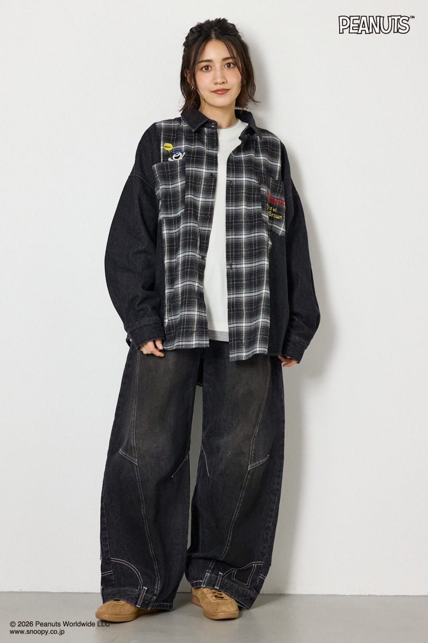 【UNISEX】(PEANUTS)チェック×デニムドッキングシャツ 柄BLK FREE