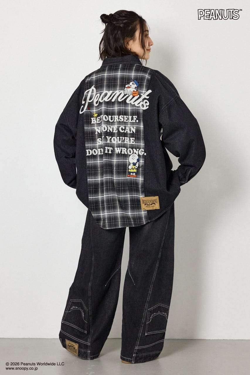 【UNISEX】(PEANUTS)チェック×デニムドッキングシャツ 柄BLK FREE