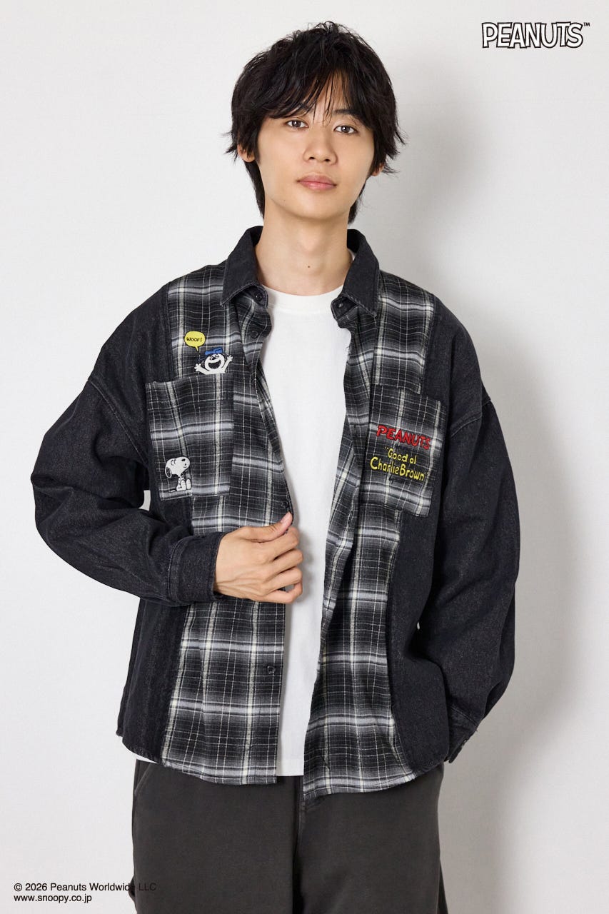 【UNISEX】(PEANUTS)チェック×デニムドッキングシャツ 柄BLK FREE