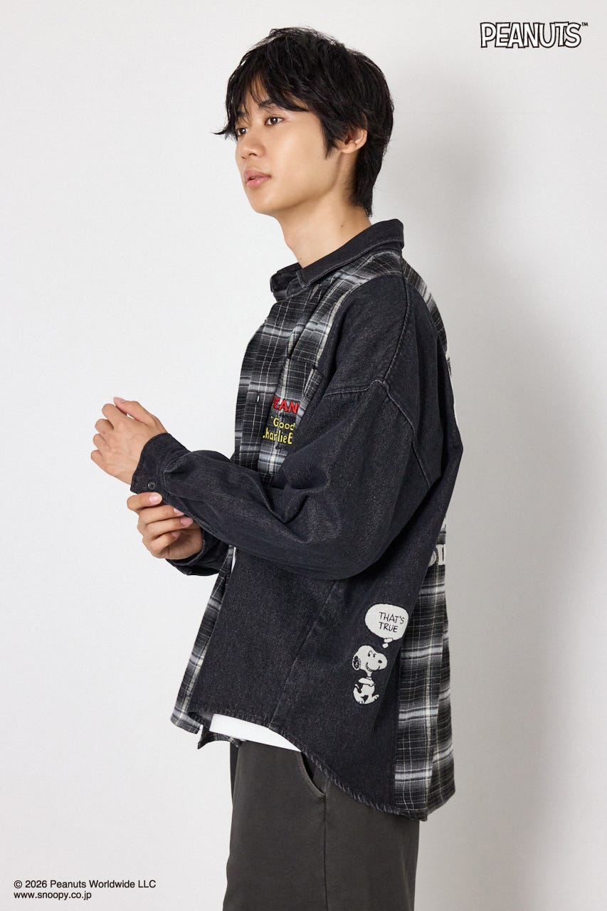 【UNISEX】(PEANUTS)チェック×デニムドッキングシャツ 柄BLK FREE
