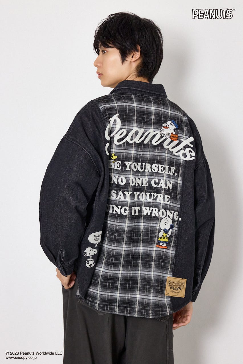 【UNISEX】(PEANUTS)チェック×デニムドッキングシャツ 柄BLK FREE