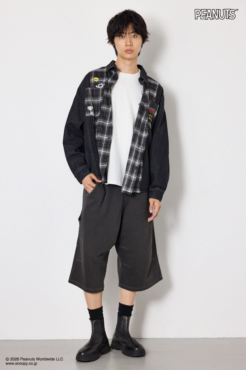 【UNISEX】(PEANUTS)チェック×デニムドッキングシャツ 柄BLK FREE