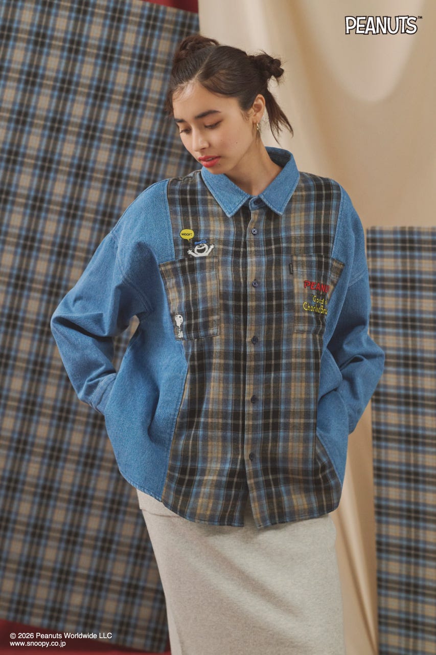 【UNISEX】(PEANUTS)チェック×デニムドッキングシャツ