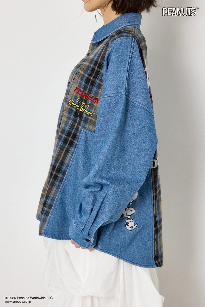 【UNISEX】(PEANUTS)チェック×デニムドッキングシャツ 柄BLU FREE