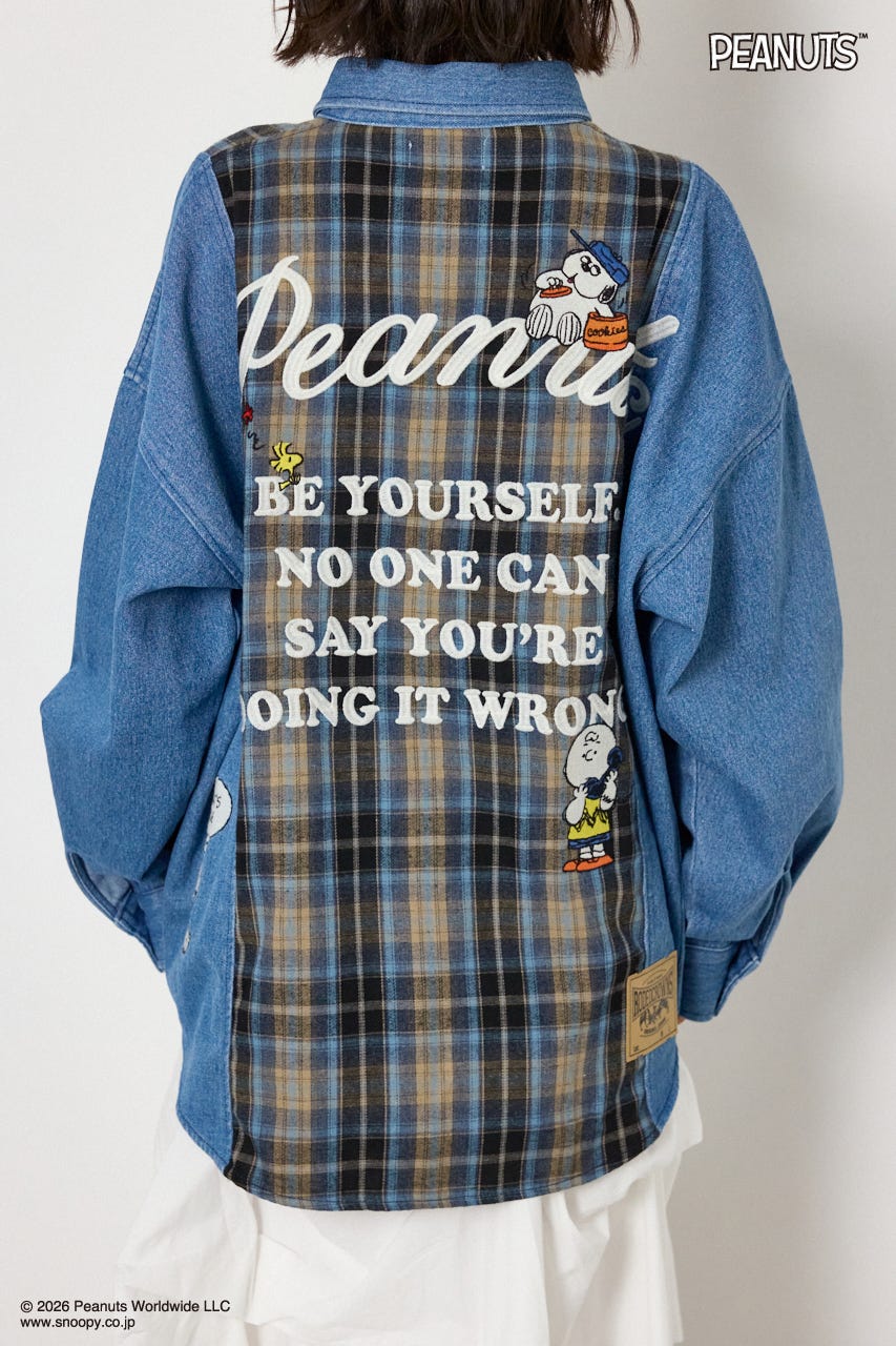 【UNISEX】(PEANUTS)チェック×デニムドッキングシャツ 柄BLU FREE