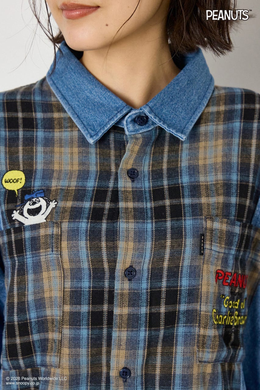 【UNISEX】(PEANUTS)チェック×デニムドッキングシャツ 柄BLU FREE